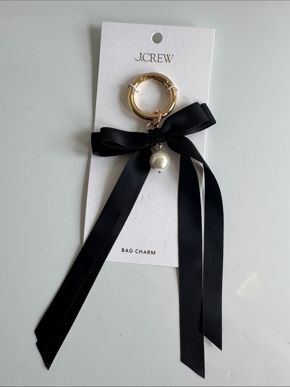 J.Crew Gold Ring Bag Charm with Black Ribbon and Pearl Drop